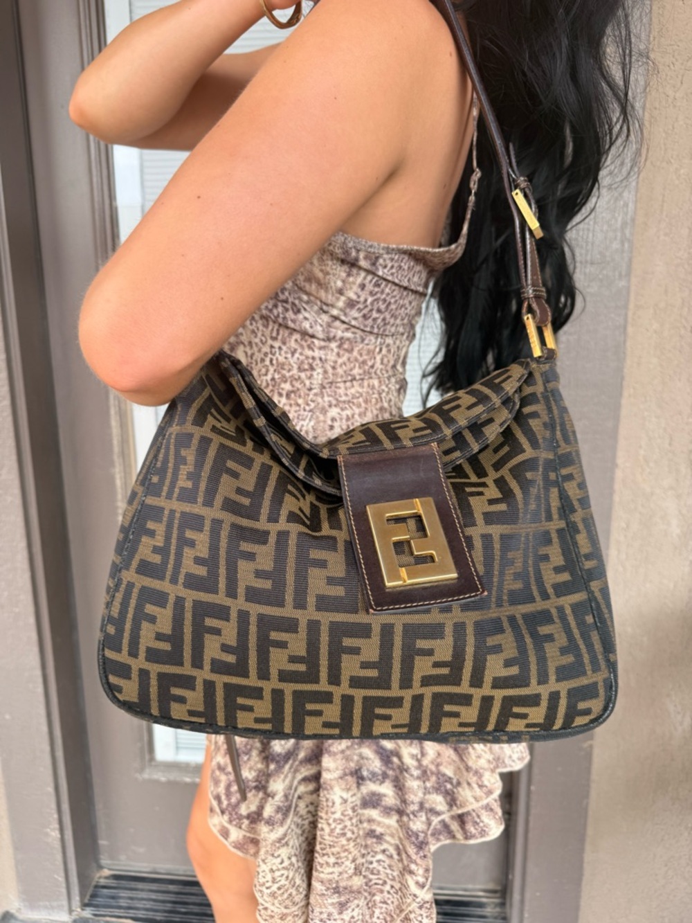 Fendi Zucca Mama Baguette Double Flap Y2K Bag with Gold Hardware